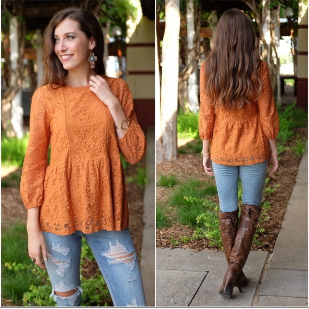 Infinity raine rust colored lace babydoll blouse